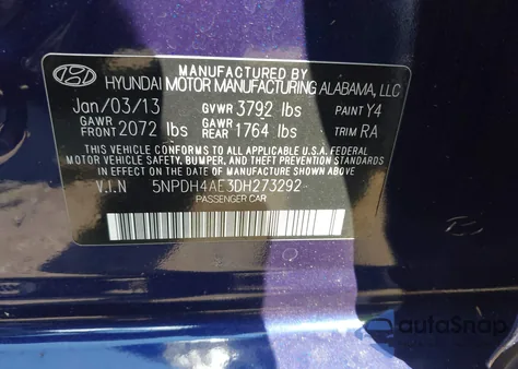 2013 Hyundai Elantra Gls из США, поврежденный, VIN 5NPDH4AE3DH273292